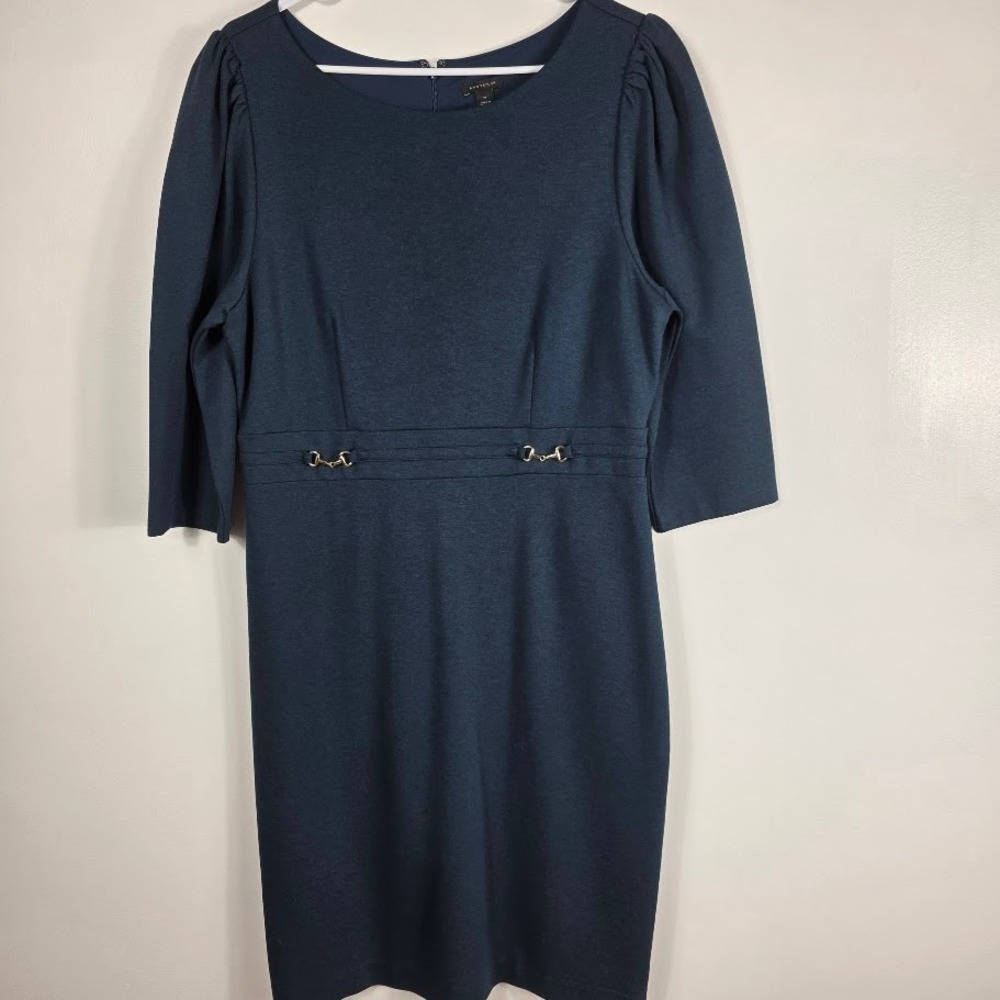 Ann Taylor LOFT Navy‎ Blue Ponte Sheath Dress Sz 12 Buckle Detail